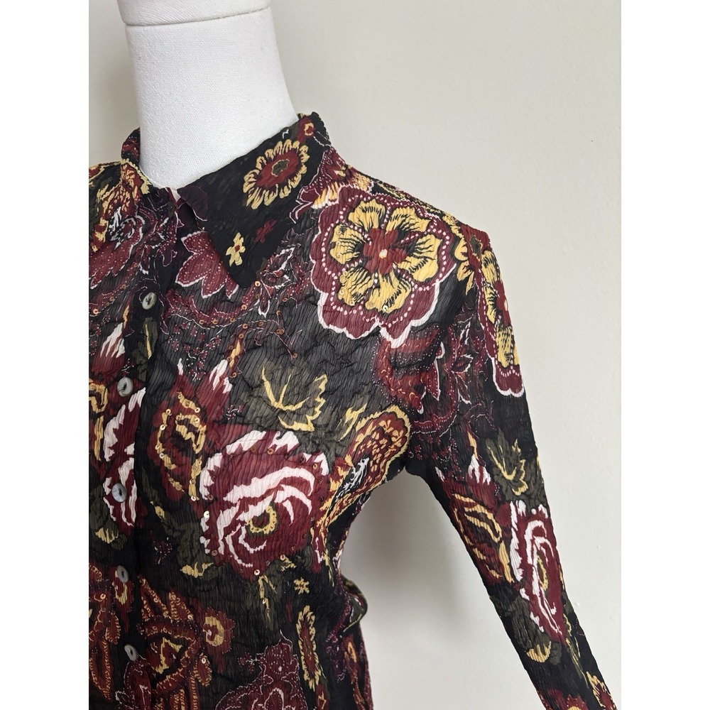 Y2K Vibe Alberto Makali Button Up Top‎ Medium Black Red Dark Boho Grunge Sheer - Picture 5 of 8